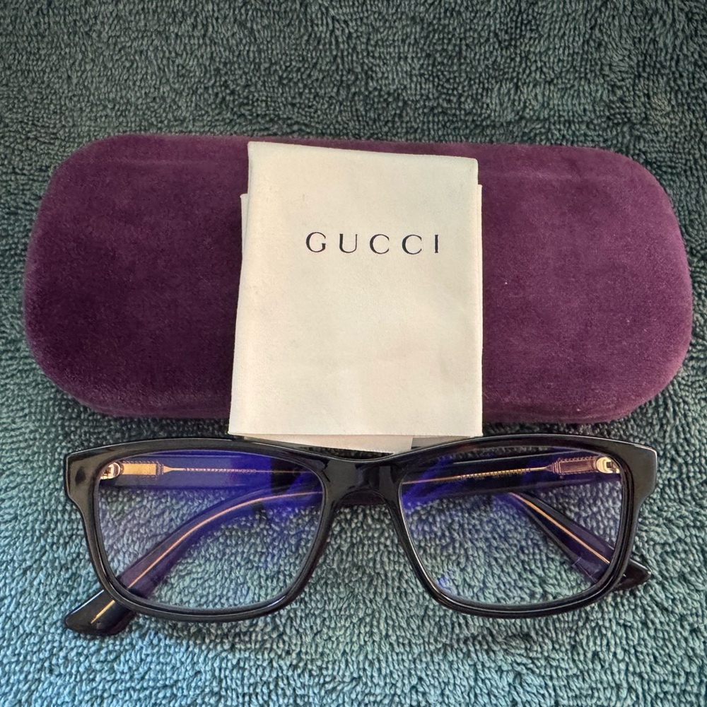 Gucci Black Glasses, Purple Case, and Cloth